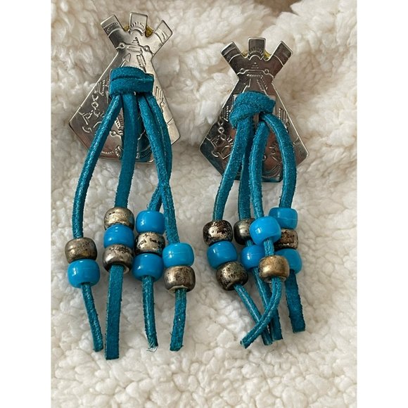 Vintage Silver Tone Pony Bead Blue Leather Teepee Pierced Earrings - Picture 3 of 8